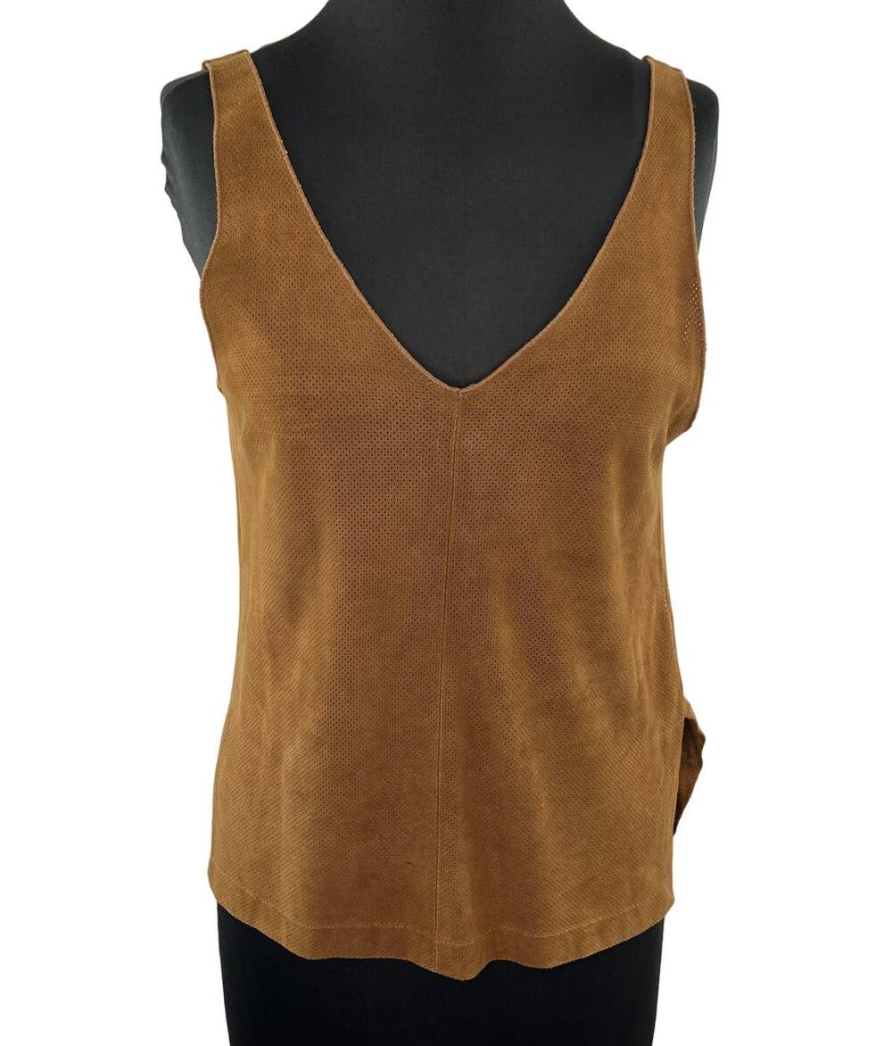 Majestic Filatures Brown Double V Leather Front & Linen Tank Top V-Neck 1 S